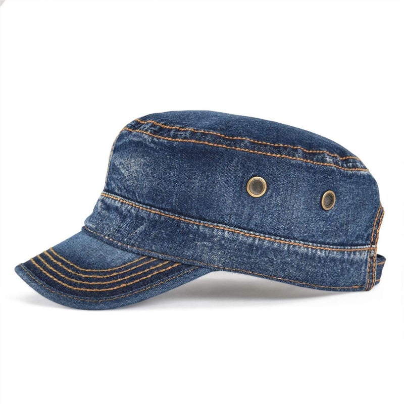 VOBOOM Washed Cotton Military Cadet Army Caps Unique Design Vintage Flat Top Hat (Denim Dark Blue) - Image 2